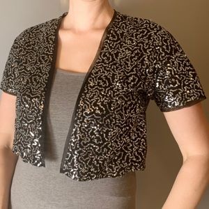 NWT French Connection black sequin crop short sleeves shrug jacket size XS